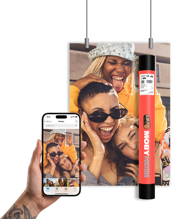 Printed poster of friends together, and the phone photo it was printed from